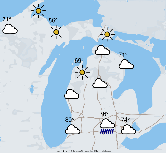 Map of Michigan with weather icons
