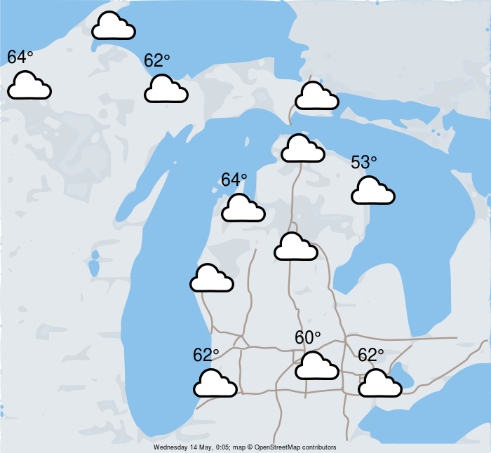 Map of Michigan with weather icons